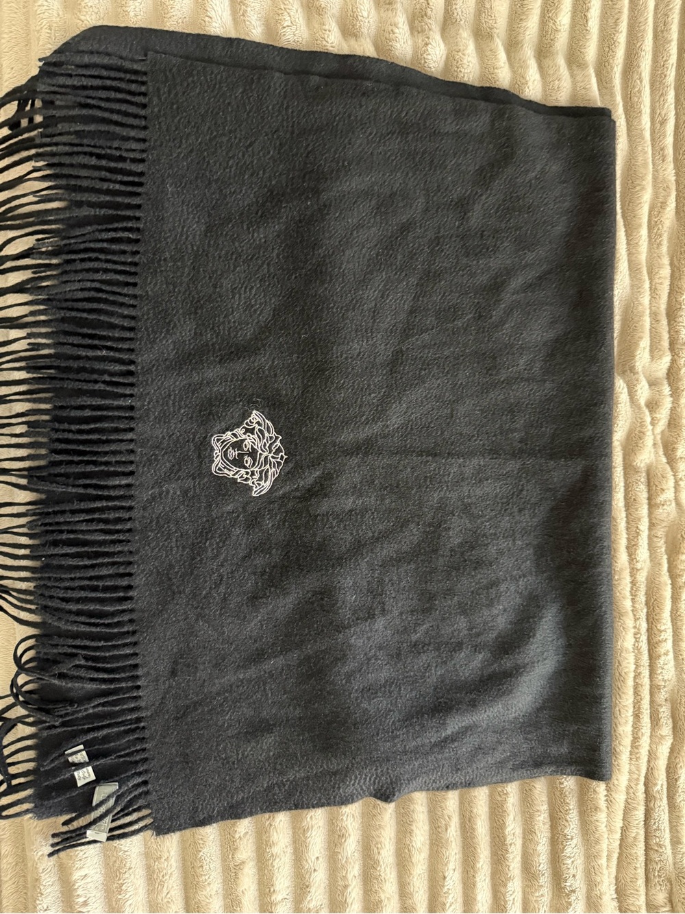 Versace Black Fringed Medusa Logo Scarf